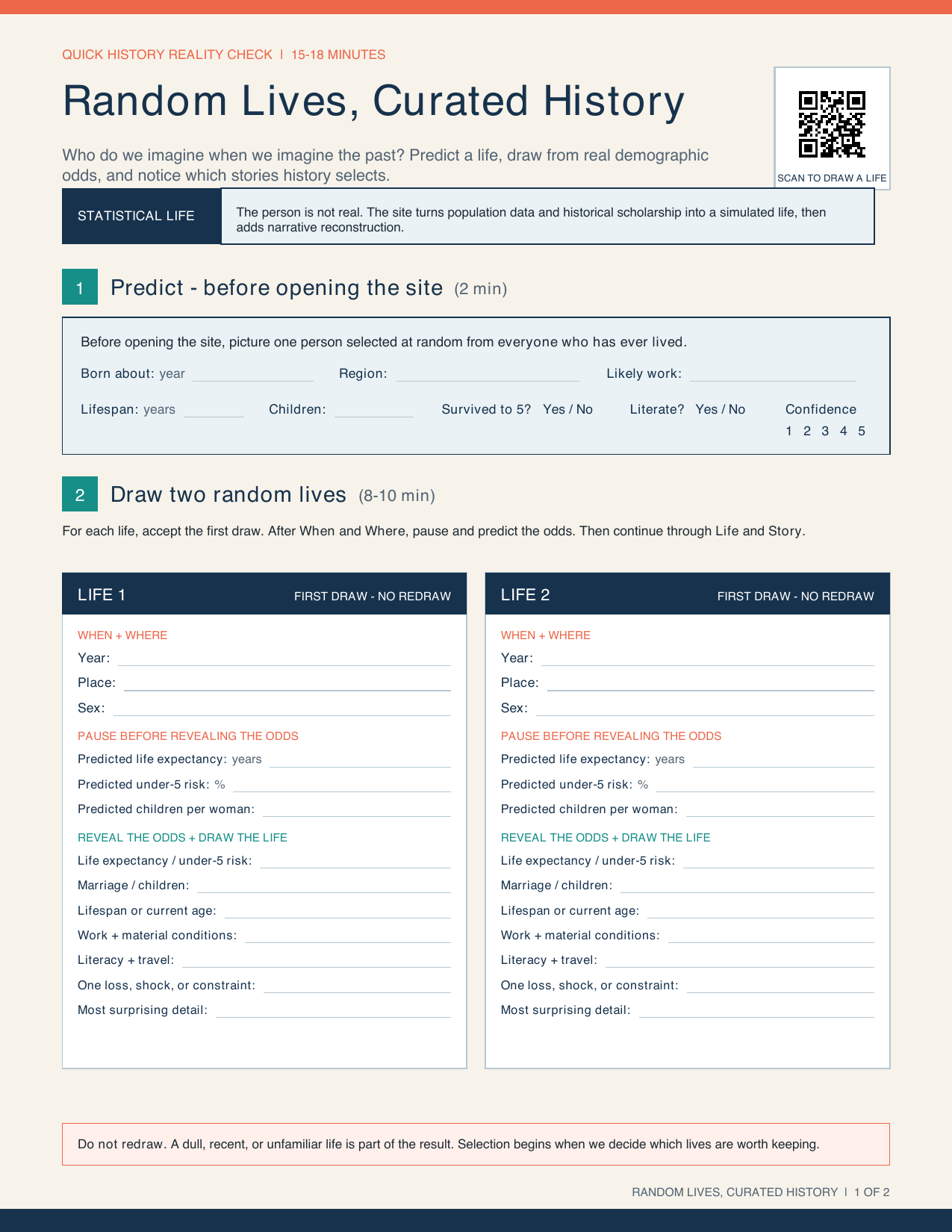 Page 1 of the Random Lives, Curated History activity